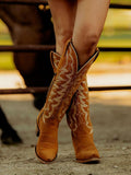 Brown Faux Suede Embroidered Snip-toe Chunky Heel Slip-on Mid-Calf Cowgirl Boots
