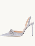 Silver Glitter Rhinestone Double Bow Slingback Pumps With Pointed Toe Stiletto Heel