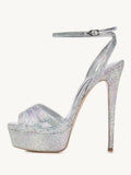 Silver Rhinestone Platform Stiletto Heeled Sandals With Round Toe Ankle Strap