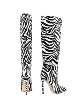 Zebra Stripes Mid-Calf Pointed-Toe Stiletto Heeled Boots