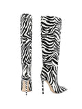 Zebra Stripes Mid-Calf Pointed-Toe Stiletto Heeled Boots
