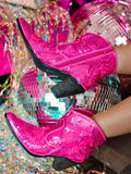 Floral Sequin Zip Pointed Toe Slanted Heel Cowgirl Ankle Boots