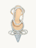 Silver Clear Rhinestone Double Bow Pumps With Pointed Toe Flared Heel Ankle Strap