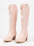 Pink Heart Embroidered Wide Mid Calf Boots Pointy Block Heeled Western Boots