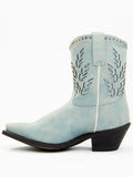 Light Blue Fringed Studded Inlay With Glitter Snip-toe Slip-on Mid-Calf Western Boots For Women