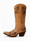 Brown Studs Floral Printing Snip-toe Slip-on Wide Mid-Calf Western Boots