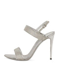 Silver Vegan Leather Two Bands With Rhinestones Round-Toe Stiletto Heel Slingback Sandals With Buckle