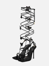 Black Rhinestone Butterfly Herringbone Square Stiletto Heel Sandals Lace-Up Gladiators