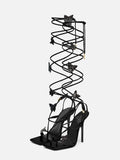 Black Rhinestone Butterfly Herringbone Square Stiletto Heel Sandals Lace-Up Gladiators