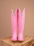 Pink Embroidered Snip Zipper Mid Calf Cowgirl Boots