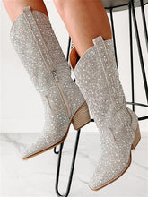 Rhinestone Pointy Wide Slip-on Mid-Calf Cowgirl Boots