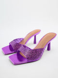 Purple Metallic Clear Rhinestone One Band Backless Sandals With Square Toe High Heel