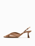 Tan Semi-Transparent Mesh Satin Buckled Slingback Pointy Kitten Flared Pumps