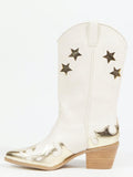 Off White Star Metallic Gold Applique Wide Mid Calf Boots Slanted Heeled Cowgirl Boots