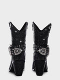 Rhinestone Studs Buckled Ankle Strap Pointy Zip Ankle Western Boots
