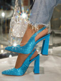 Rhinestone Satin Pointy Chunky Heeled Slingback Pumps