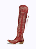 Grass Embroidered Lace Up Zip Snip Western Knee High Boots