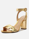 Metallic Gold Woven Strap High Block Heel Sandals For Wide Feet