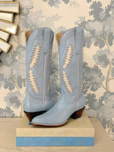 Baby Blue Embroidered Pointy Wide Mid Calf Western Boot With White Inlay