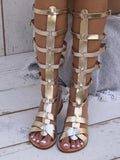 Metallic Buckled Multi-Strap Round Toe Zip Mid Calf Flat Gladiator Sandals