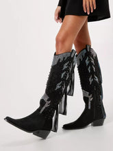 Studded Rhinestone Fringe Knee High Cowgirl Boots Tall Slanted Heel Western Boots