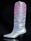 Silver Pink Ombre Rhinestone Cowgirl Mid Calf Boots Block Heeled Western Boots