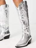 Silver Metallic Stitch Wide Calf Knee High Cowgirl Boots Block Heeled Western Boots