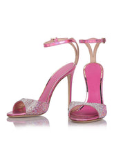 Sparkly Rhinestone Round Stiletto Heeled Dress Sandals With Metallic Buckle Ankle Strap