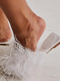 Fluffy Feather Single Band Square Toe Flat Slippers