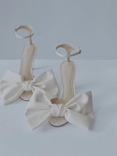 White Satin Over-Sized Bow Round Stiletto Heeled Sandals For Bride With Buckle Ankle Strap