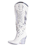 Eagle Rhinestone Zip Pointy Block Cut-Out Heel Western Cowgirl Mid Calf Boots
