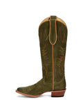 Blackish Green Suede Color Embroidery Round-toe Wide Slip-on Knee High Cowgirl Boots