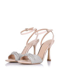 Sparkly Rhinestone Bow Round Flared Heeled Sandals With Buckle Ankle Strap