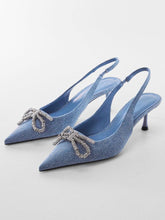 Denim Blue Rhinestone Bow Slingback Elastic Strap Pointy Kitten Heel Pumps
