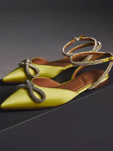 Satin Rhinestone Bow Pointy Buckled Ankle Strap Flats