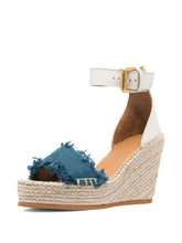 Blue Cloth Single Band Open-toe Espadrille Wedge Sandals With Buckle Ankle Wrap