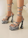 Zebra-stripe Multi-strap Square-toe Flared Heel Platform Sandals With Self-tie