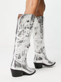 Silver Metallic Stitch Wide Calf Knee High Cowgirl Boots Block Heeled Western Boots