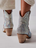Silver Sparkly Rhinestone Round Toe Zipper Slanted Heel Western Ankle Boots