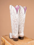White Hair Stud Embroidered Snip Wide Mid Calf Women Cowboy Fur Tall Boots