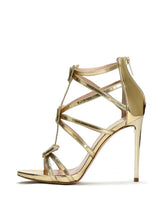 Metallic Gold Rhinestone Butterfly Applique Cage Round Stiletto Heeled Sandals With Back Zip