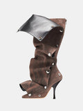 Detachable Snap-off Panel Buttons Pointed Toe Zip Denim Knee High Boots