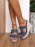 Denim Frayed Two Bands Open-toe Slip-on Espadrille Wedge Sandals
