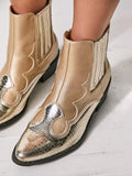 Metallic Lizard Applique Slip-On Pointy Women Cowboy Ankle Booties With Elastic Side Panel