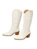 Vegan Leather Embroidered Stitch Pointed-toe Wide Slip-on Mid-Calf Cowgirl Boots