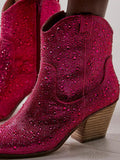 Rhinestone Zipper Round Toe Cowgirl Ankle Boots In Hot Pink Black Red