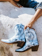 Metallic Embroidered Snip Toe Slanted Heel Slip On Cowgirl Ankle Booties - Blue & Purple