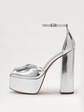 Metallic Silver Platform Square Peep Toe Block Heeled Sandals With Buckle Ankle Strap