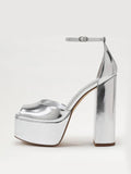 Metallic Silver Platform Square Peep Toe Block Heeled Sandals With Buckle Ankle Strap