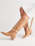 Embroidered Mid Calf Boots Pointed Toe Zipper Chunky Heeled Western Boots
